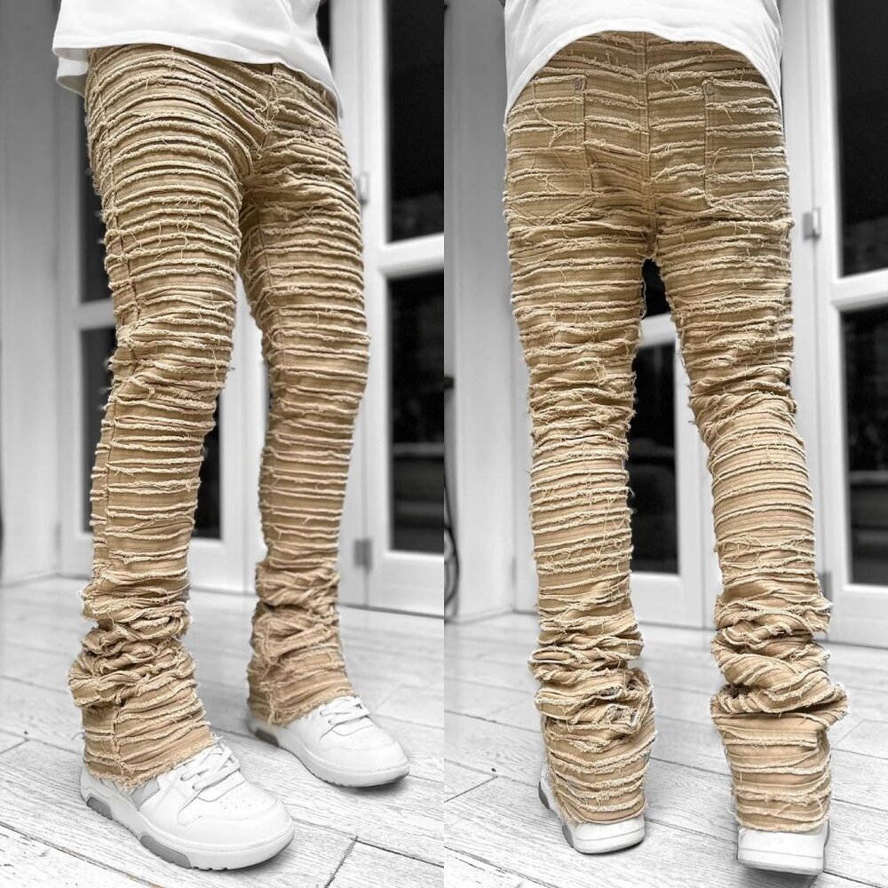 Guapi Tan Stacked Denim Pants Frayed Streetwear Flare Mens 32 NWT [jb]